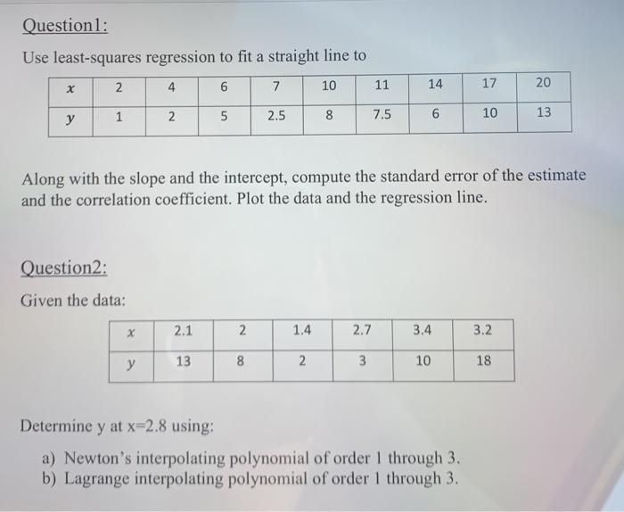 Solved Question 1: Use least-squares regression to fit a | Chegg.com