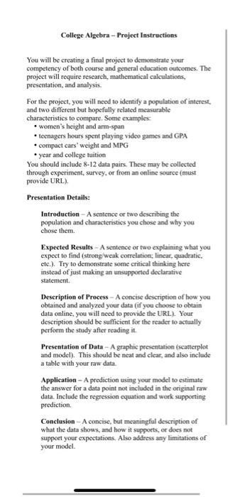 College Algebra - Project Instructions You will be | Chegg.com