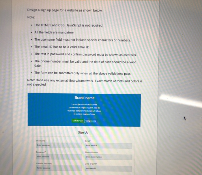 Solved Design a sign up page for a website as shown below. | Chegg.com