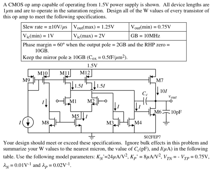 Solved A CMOS op amp capable of operating from 1.5V power | Chegg.com