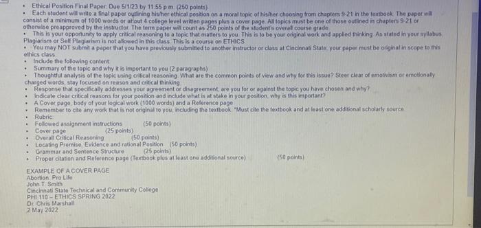 Ethical Position Final Paper. Due 5/1/23 by 11:55 | Chegg.com