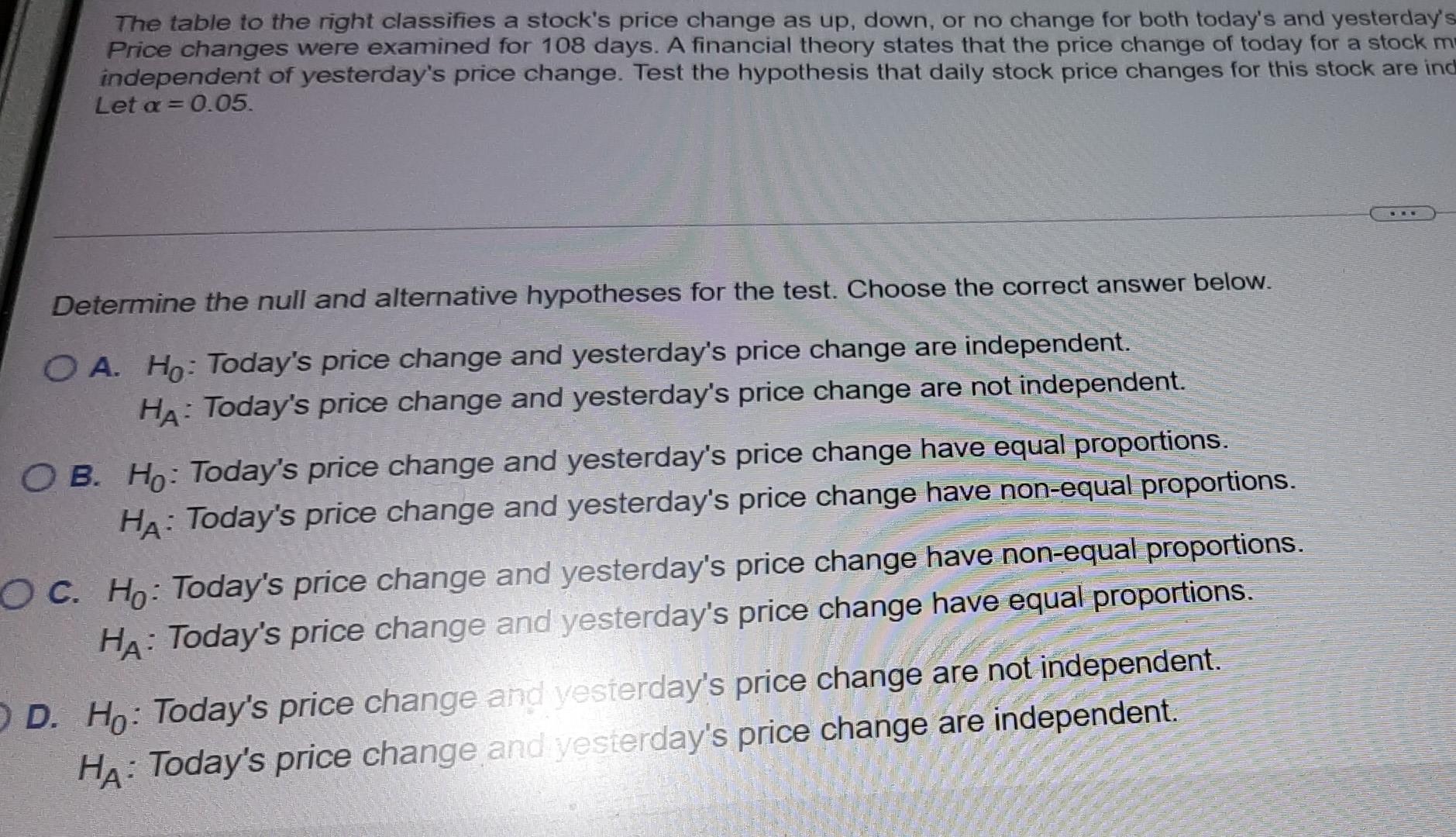 Solved The table to the right classifies a stock s price Chegg