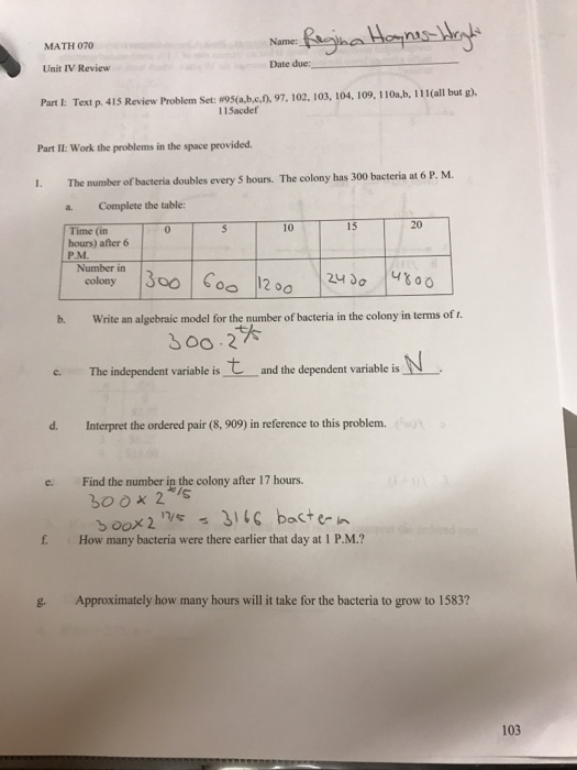 Math 070 Example Question Solved Name: Regina Haynes Wright MATH 070 Unit IV Review | Chegg.com