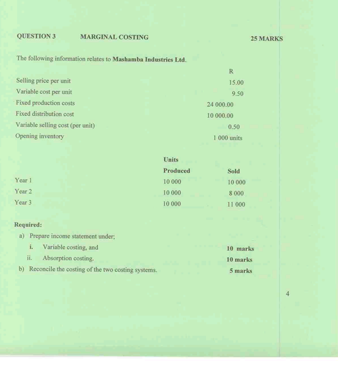 QUESTION 3
MARGINAL COSTING
The following information relates to Mashamba Industries Ltd.
Selling price per unit
Variable cos