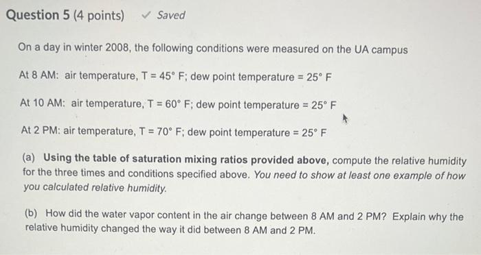 On a day in winter 2008 , the following conditions were measured on the UA campus
At 8 AM: air temperature, \( T=45^{\circ} \