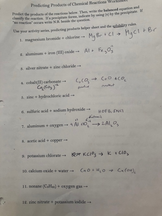 Solved Predicting Products Of Chemical Reactions Worksheet Chegg