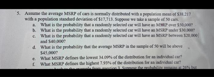 Solved 5. Assume the average MSRP of cars is normally | Chegg.com