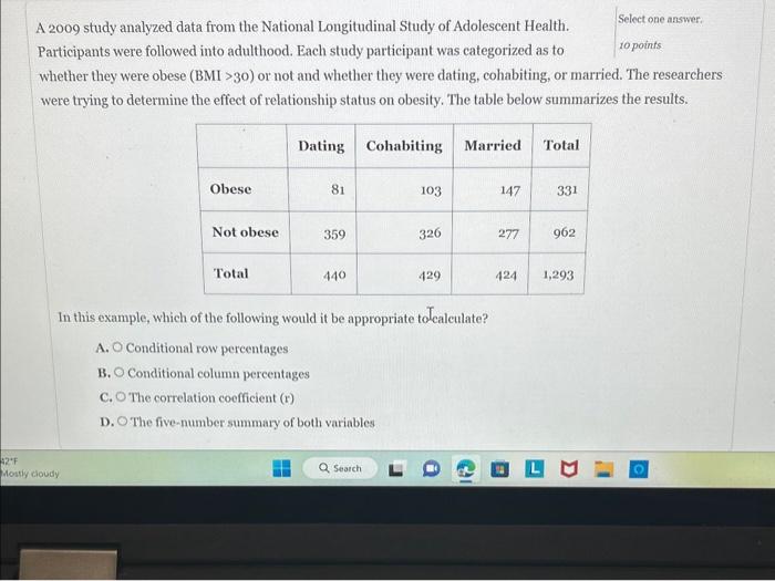 Solved A 2009 study analyzed data from the National | Chegg.com