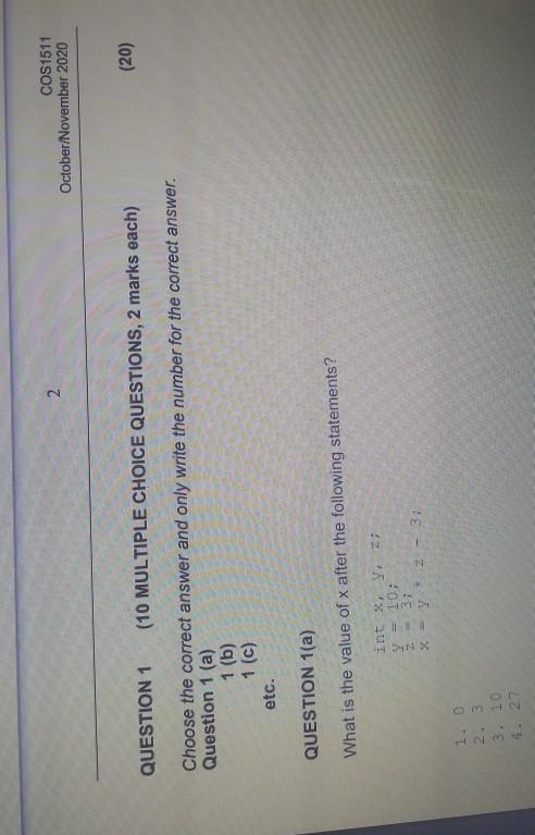Solved 2 COS1511 October/November 2020 (10 MULTIPLE CHOICE | Chegg.com