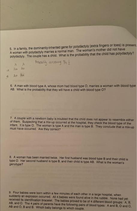 5. In a family, the dominantly-inherited gene for polydactyly (extra fingers or toes) is present A woman with polydactyly mar
