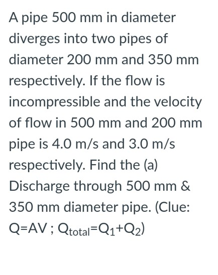 Solved A pipe 500 mm in diameter diverges into two pipes of | Chegg.com