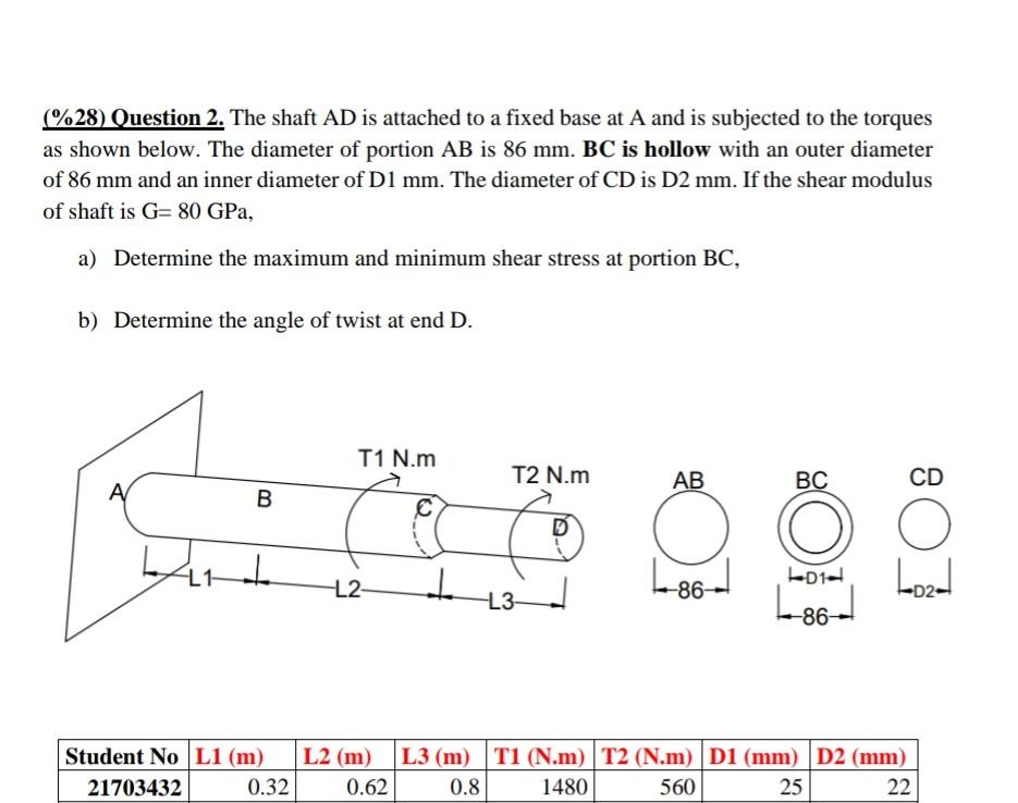 Solved (%28) Question 2. The shaft AD is attached to a fixed | Chegg.com