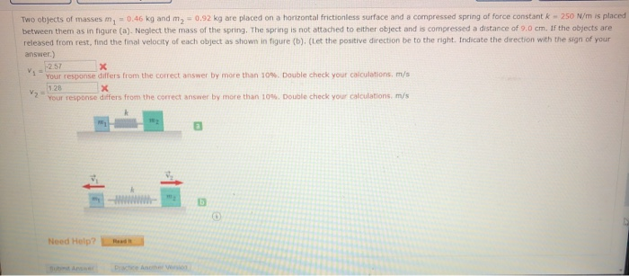 Solved Two objects of masses m, = 0.46 kg and m - 0.92 kg | Chegg.com