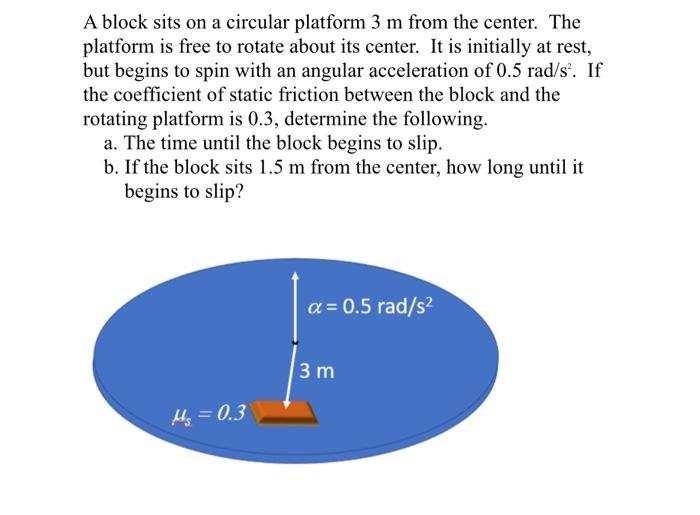 A block sits on a circular platform \( 3 \mathrm{~m} \) from the center. The platform is free to rotate about its center. It 