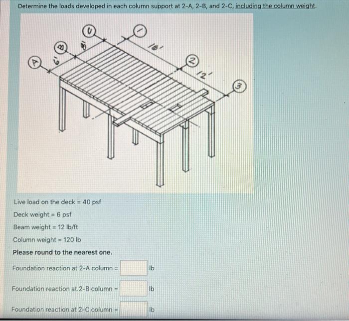 Live load on the deck \( =40 \) psf
Deck weight \( =6 \) psf
Beam weight \( =12 \mathrm{lb} / \mathrm{ft} \)
Column weight \(