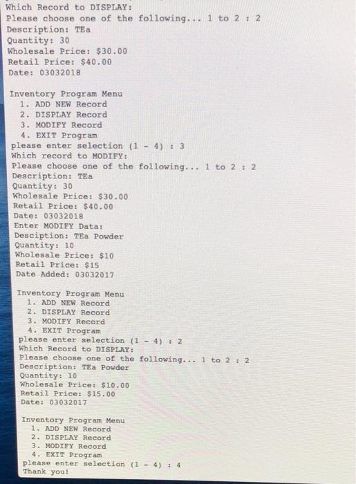 Solved DESCRIPTION Inventory Program Write a program that | Chegg.com