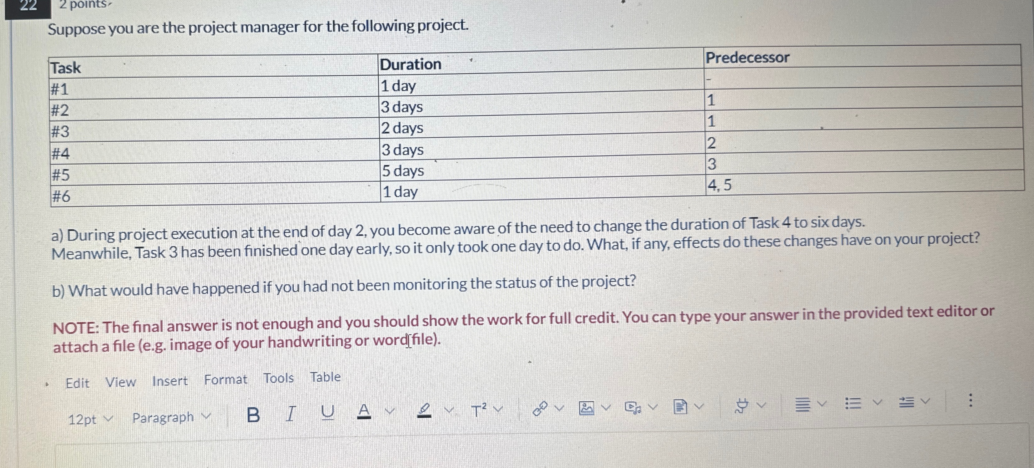 Solved Suppose you are the project manager for the following | Chegg.com