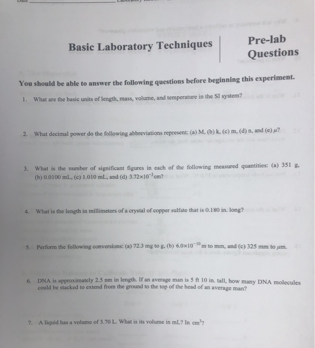 Solved Prelab Basic Laboratory Techniques Questions You