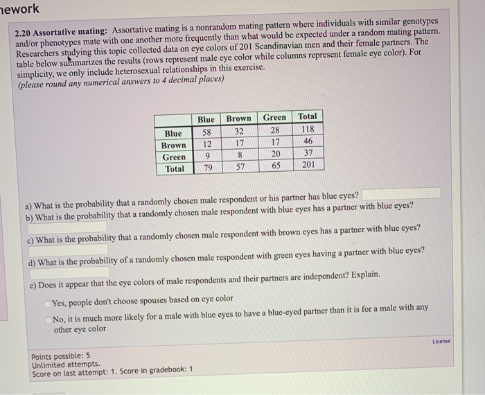 Solved 1eWork 2.20 Assortative Mating: Assortative Mating Is | Chegg.com