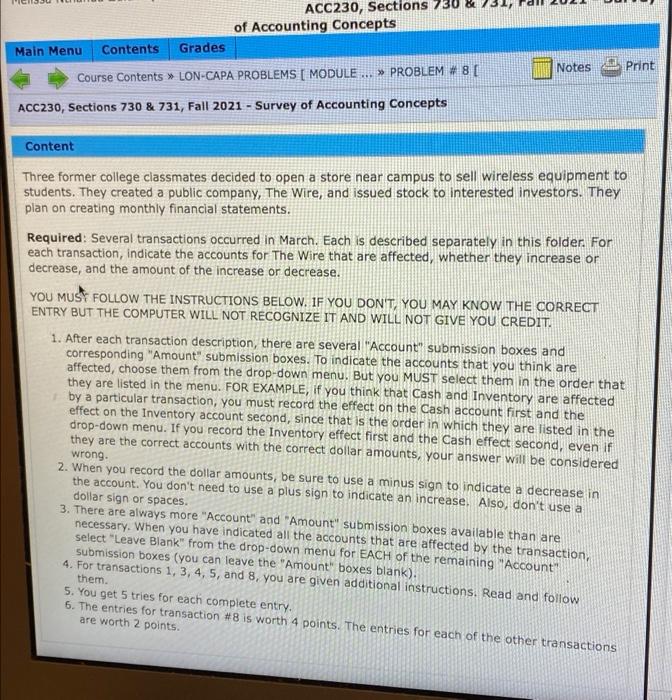 Solved ACC230, Sections 730 & of Accounting Concepts Main | Chegg.com