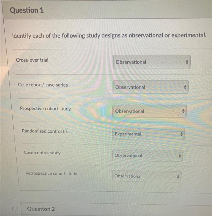 Solved Question 1 Identify each of the following study | Chegg.com