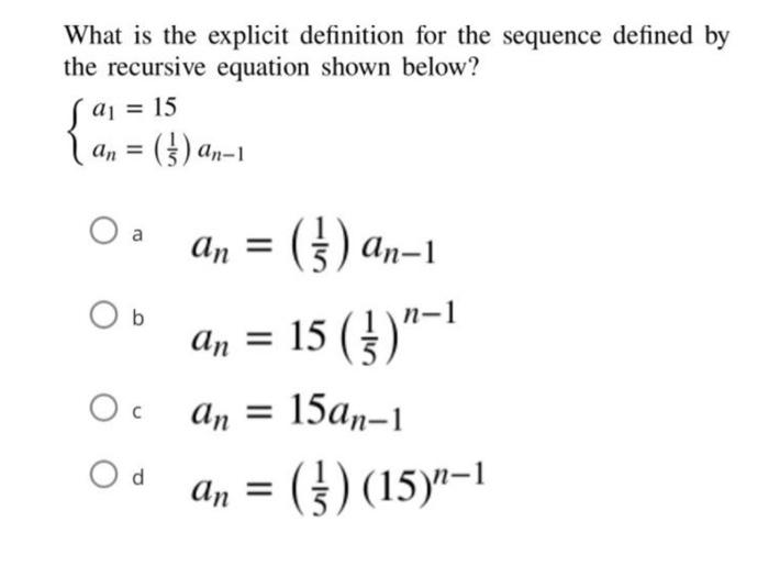 What is the explicit definition for the sequence defined by the recursive equation shown below?
\[
\left\{\begin{array}{l}
a_