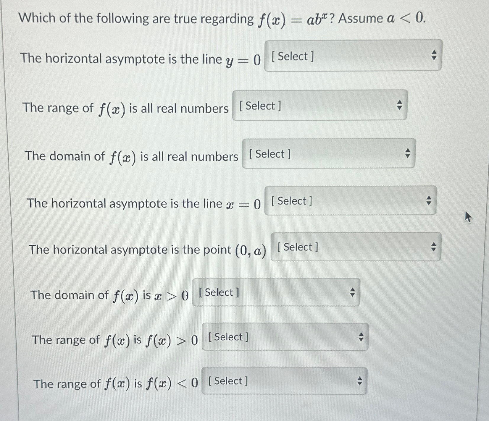 Solved Which of the following are true regarding f(x)=abx ? | Chegg.com