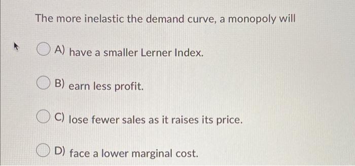 Solved The more inelastic the demand curve, a monopoly will | Chegg.com