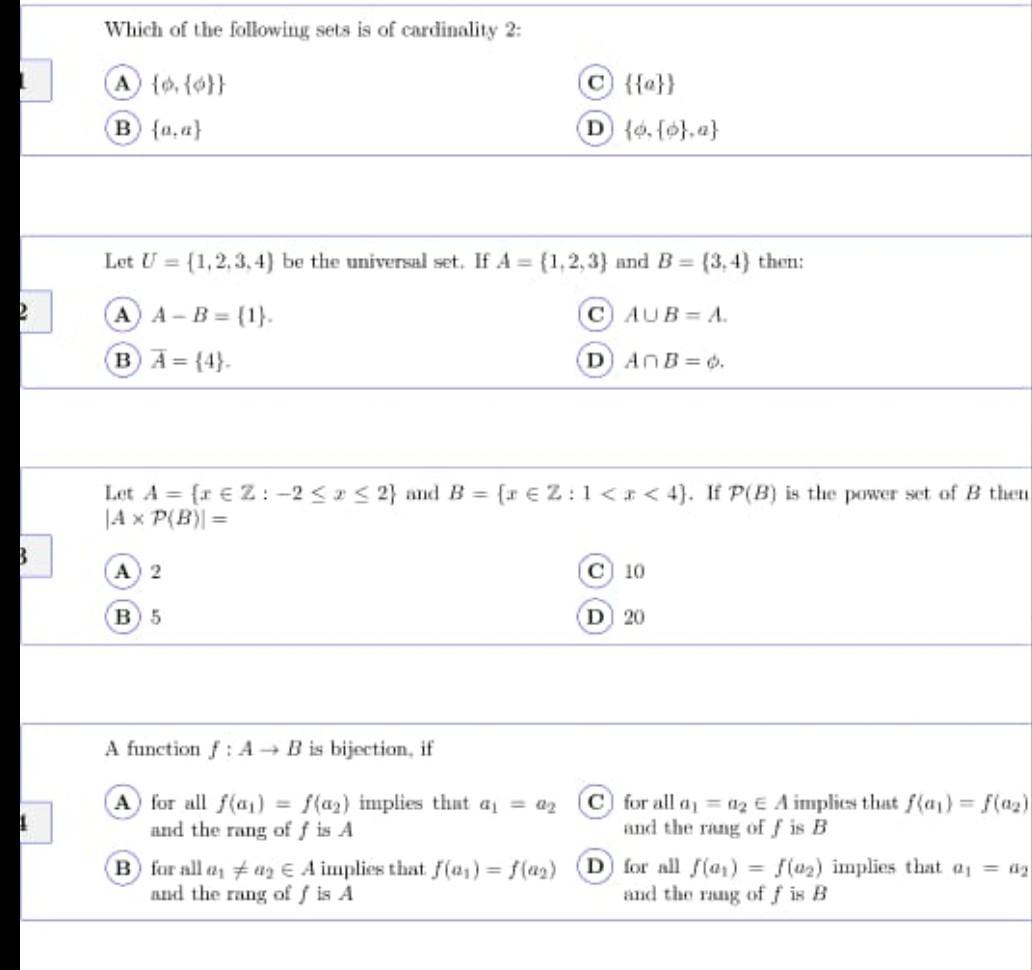 Solved Which Of The Following Sets Is Of Cardinality 2 : (A) | Chegg.com