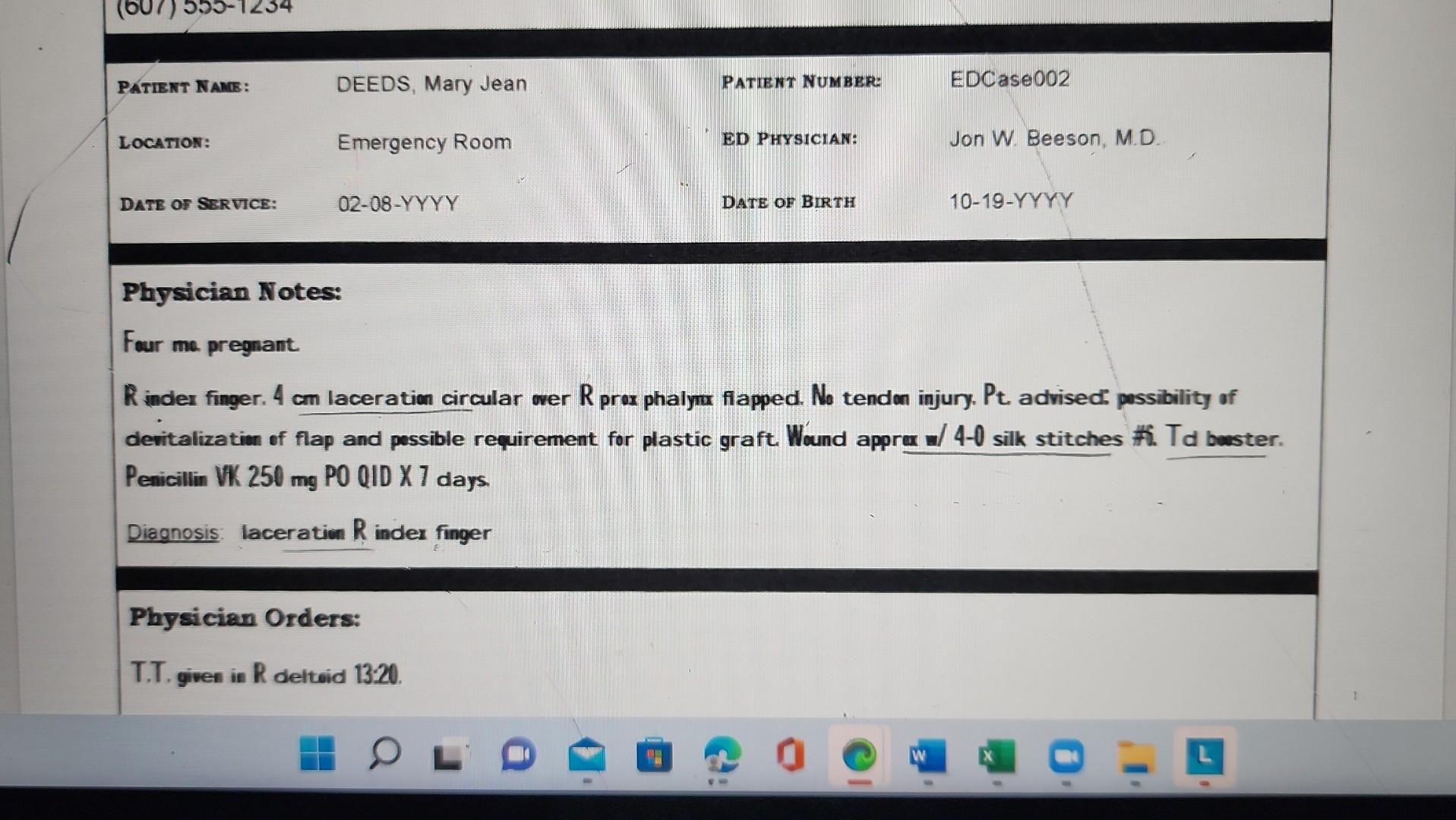 Solved what is the code of laceration right index finger on