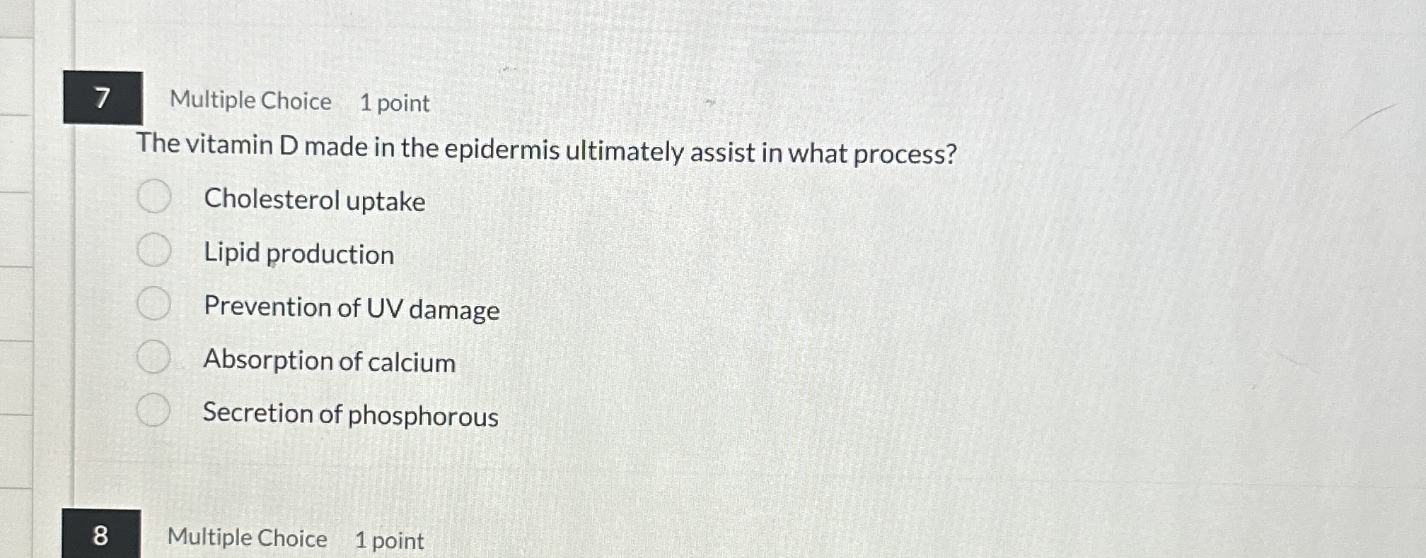 Solved 7Multiple Choice 1 ﻿pointThe vitamin D made in the | Chegg.com