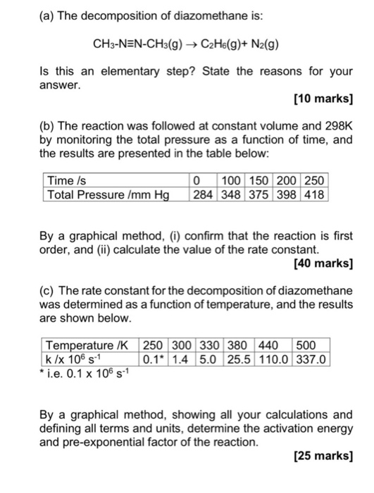 Solved A The Decomposition Of Diazomethane Is Chegg Com