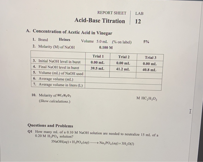 Report Sheet Acid Base Titration Lab 12 5 A Chegg 