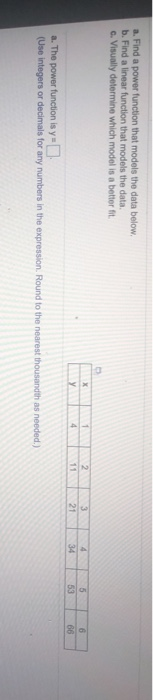 Solved a. Find a power function that models the data below. | Chegg.com