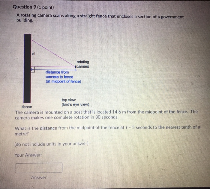 Solved Question 9 (1 point) A rotating camera scans along a | Chegg.com