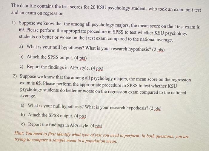 Solved The Data File Contains The Test Scores For 20KSU | Chegg.com