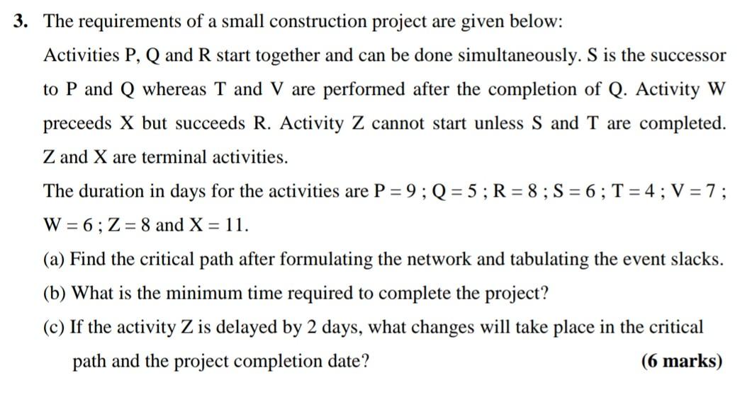 Solved 3. The Requirements Of A Small Construction Project | Chegg.com