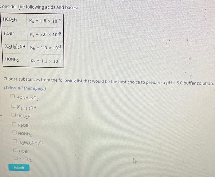Solved Consider the following acids and bases: Choose | Chegg.com