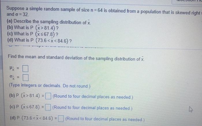 solved-suppose-a-simple-random-sample-of-size-n-64-is-chegg