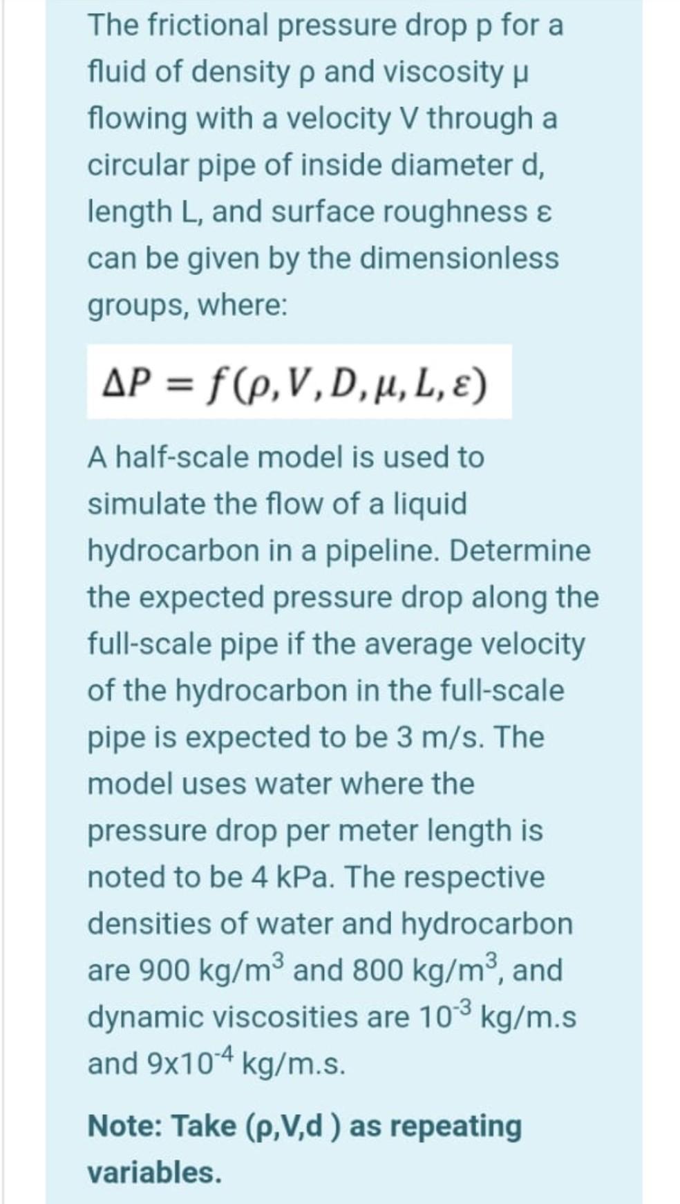 Solved The frictional pressure drop p for a fluid of density | Chegg.com