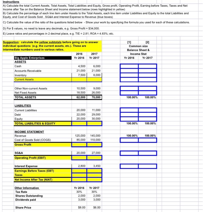 Solved Instructions A) Calculate the total Current Assets, | Chegg.com