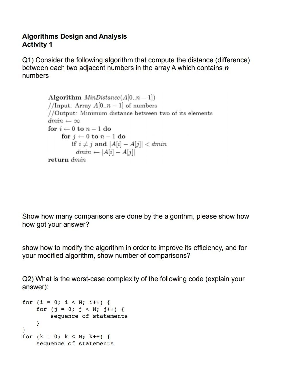 Solved Algorithms Design And Analysis Activity 1 Q1) | Chegg.com