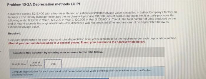 Solved Problem 10-2A Depreciation methods LO P1 A machine | Chegg.com