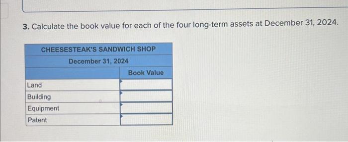 3. Calculate the book value for each of the four long-term assets at December 31, 2024.