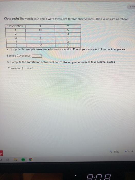 Solved Saver (3pts each) The variables X and Y were measured | Chegg.com