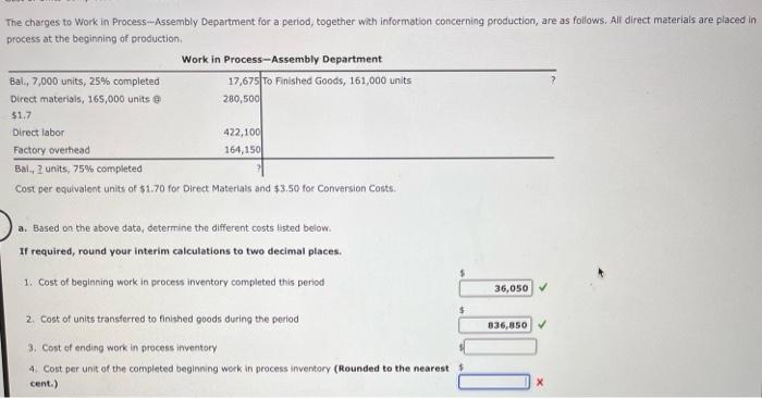 Solved The charges to Work in Process-Assembly Department | Chegg.com