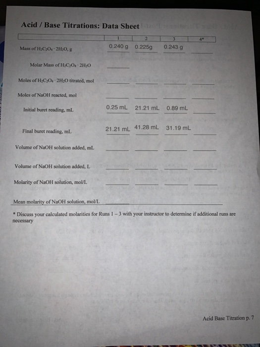 Solved Acid / Base Titrations PostLaboratory Questions 1.