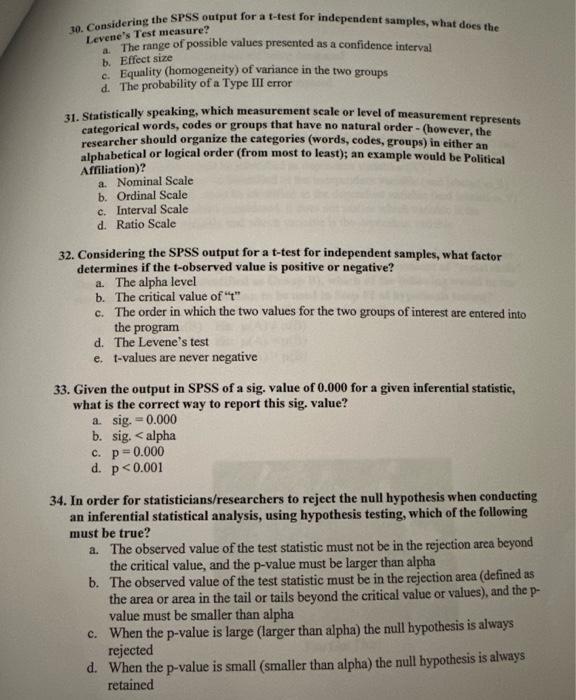 Solved 30. Considering the SPSS output for a t-test for | Chegg.com
