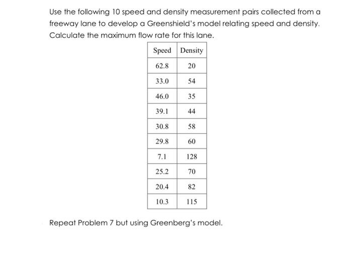 Solved Use the following 10 speed and density measurement