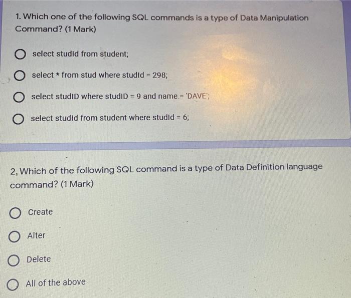 Solved 1. Which one of the following SQL commands is a type | Chegg.com